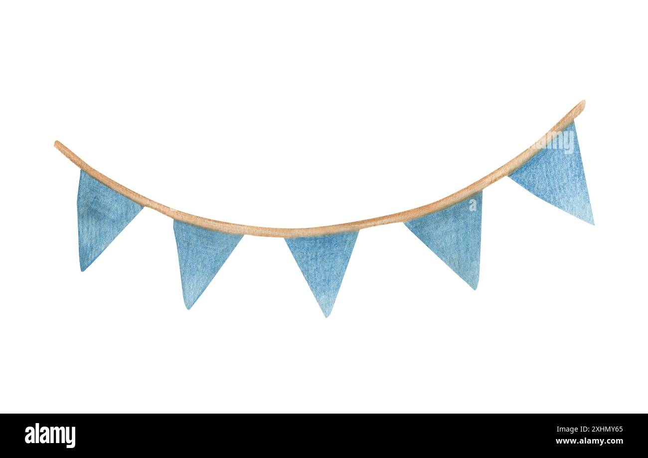 Illustrazione ad acquerello di una ghirlanda ondulata di bandiere in blu. Lunga bandiera medievale, isolata. Disegnato a mano, schizzo Foto Stock