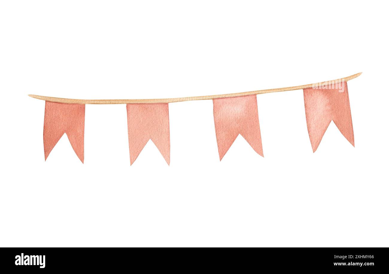 Illustrazione ad acquerello di una ghirlanda ondulata di bandiere in rosso. Lunga bandiera medievale, isolata. Disegnato a mano, schizzo Foto Stock