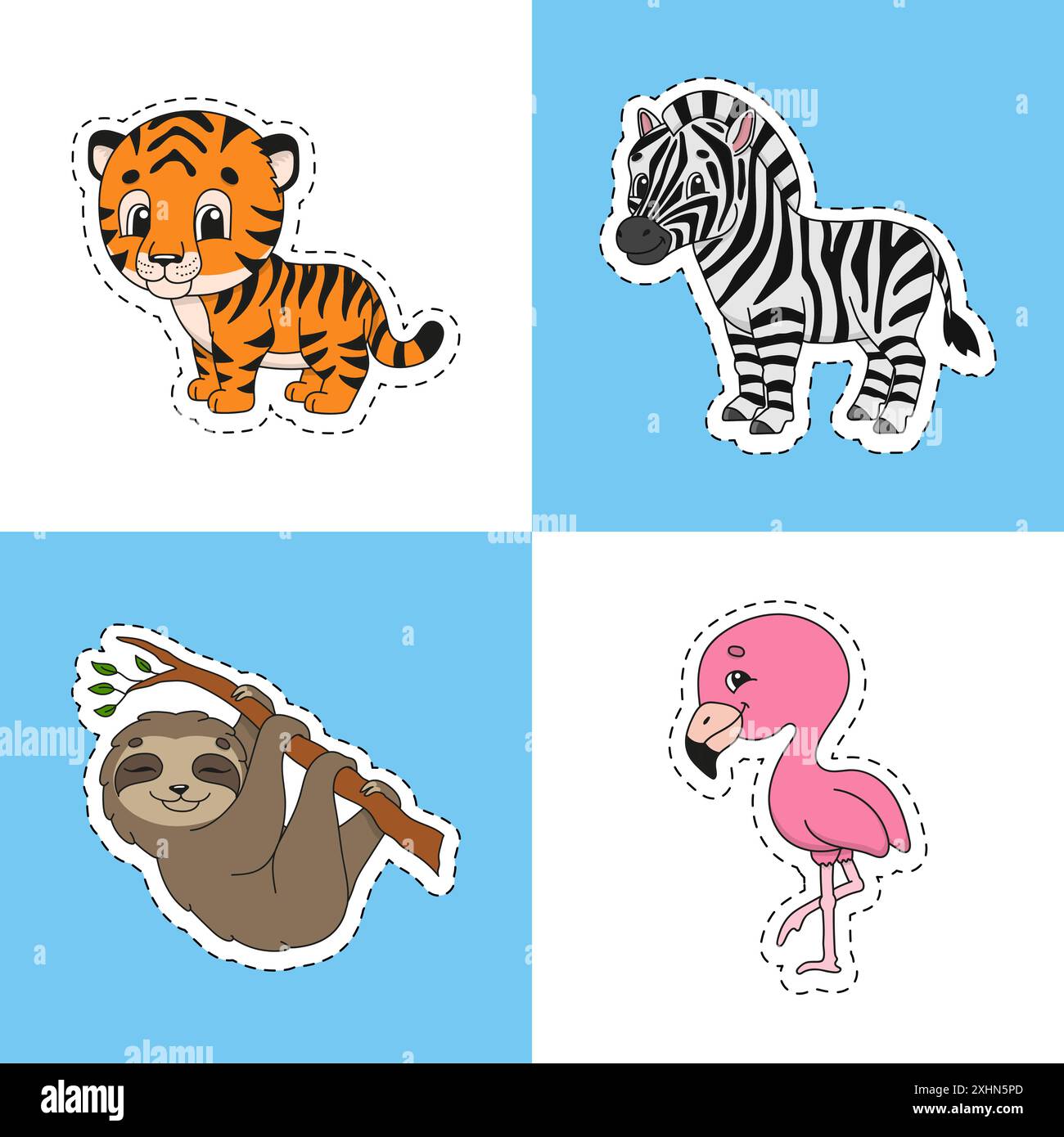 Set di adesivi colorati per bambini. Tema animale. Carini personaggi dei cartoni animati. Illustrazione vettoriale isolata su sfondo a colori. Illustrazione Vettoriale