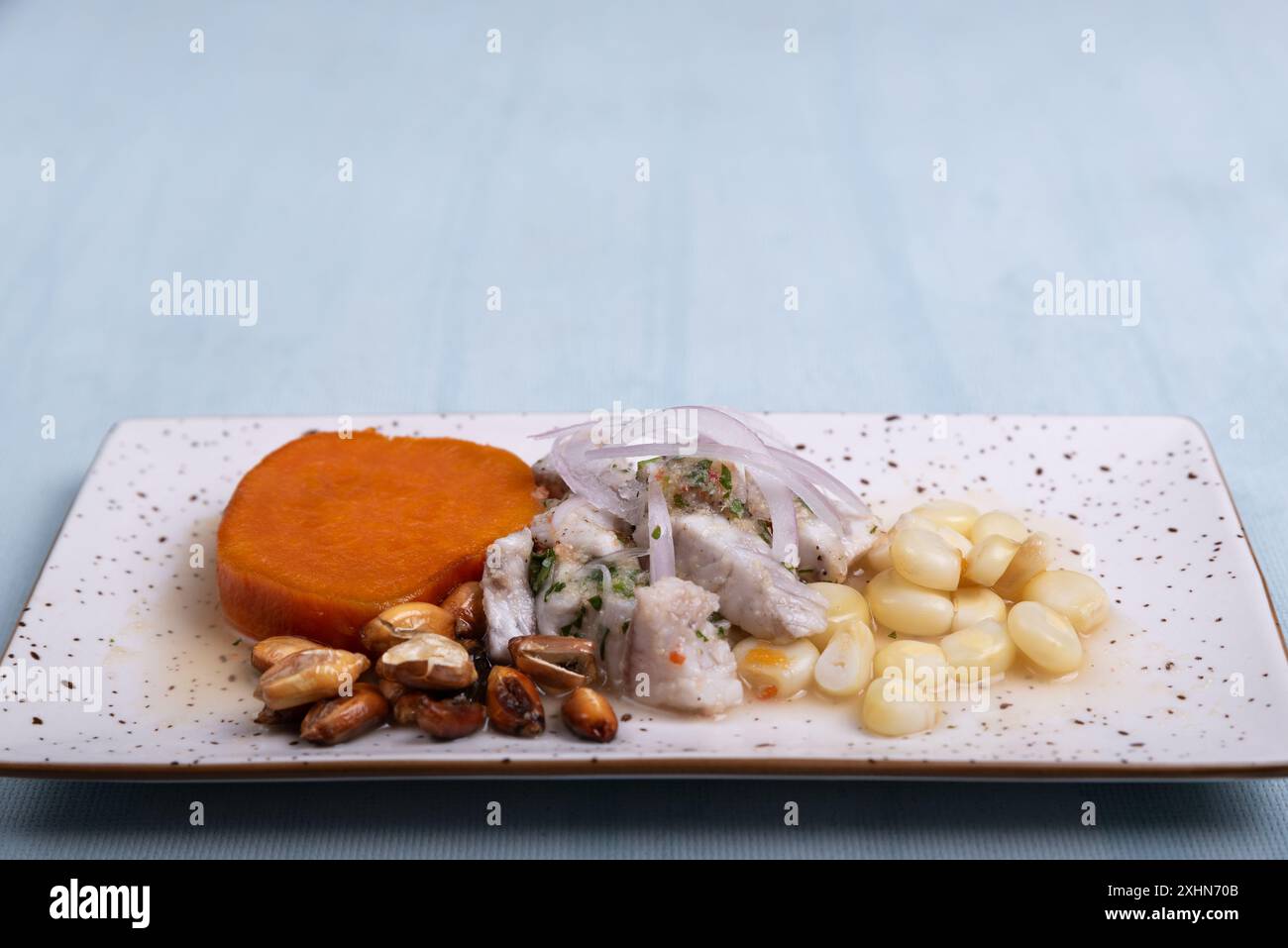 Piatto rappresentativo della gastronomia peruviana chiamato Ceviche. Foto Stock