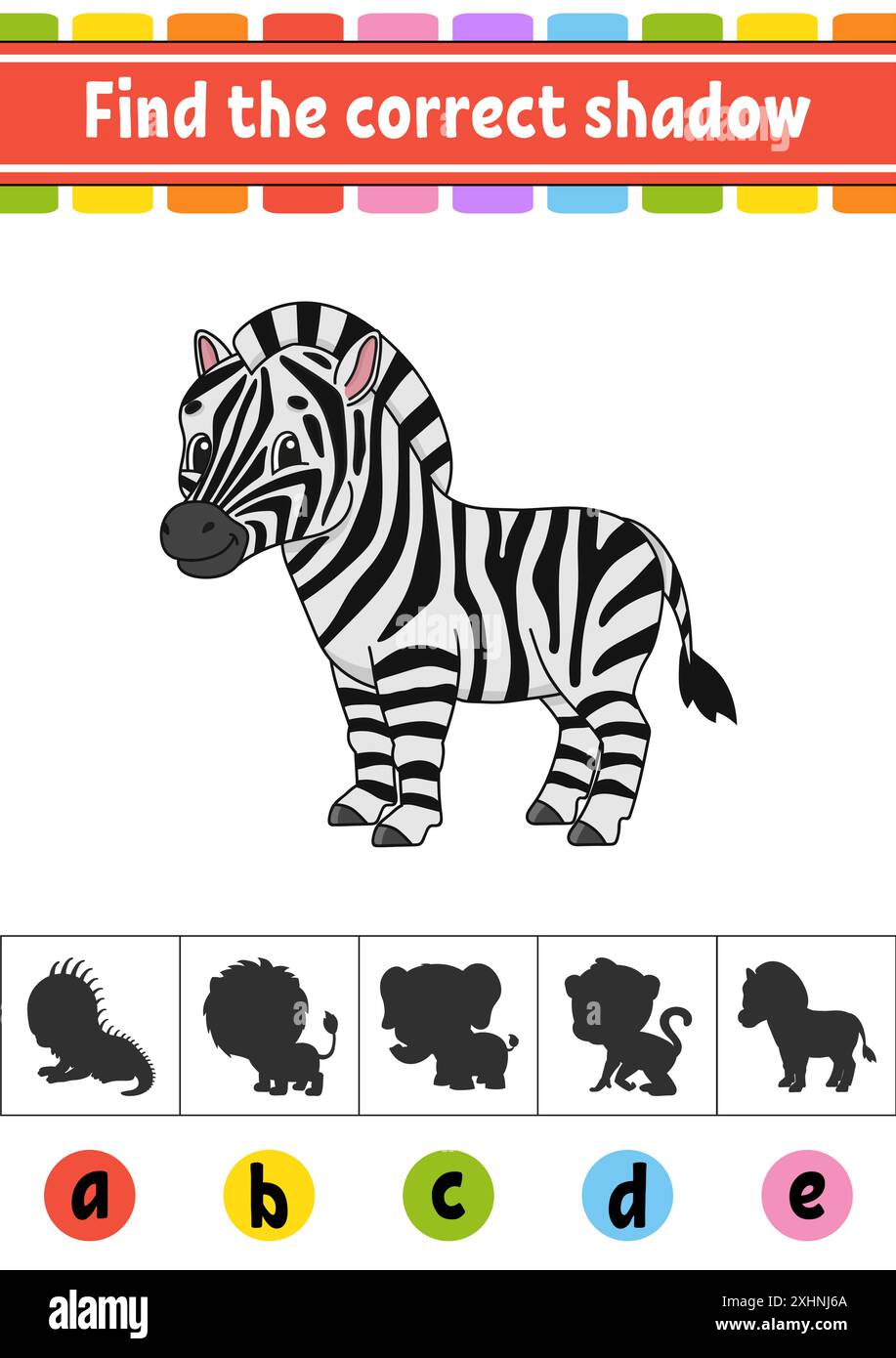 Trovare l'ombra corretta. Foglio di lavoro per lo sviluppo dell'istruzione. Pagina attività. Gioco a colori per bambini. Personaggio dei cartoni animati. Illustrazione vettoriale. Illustrazione Vettoriale