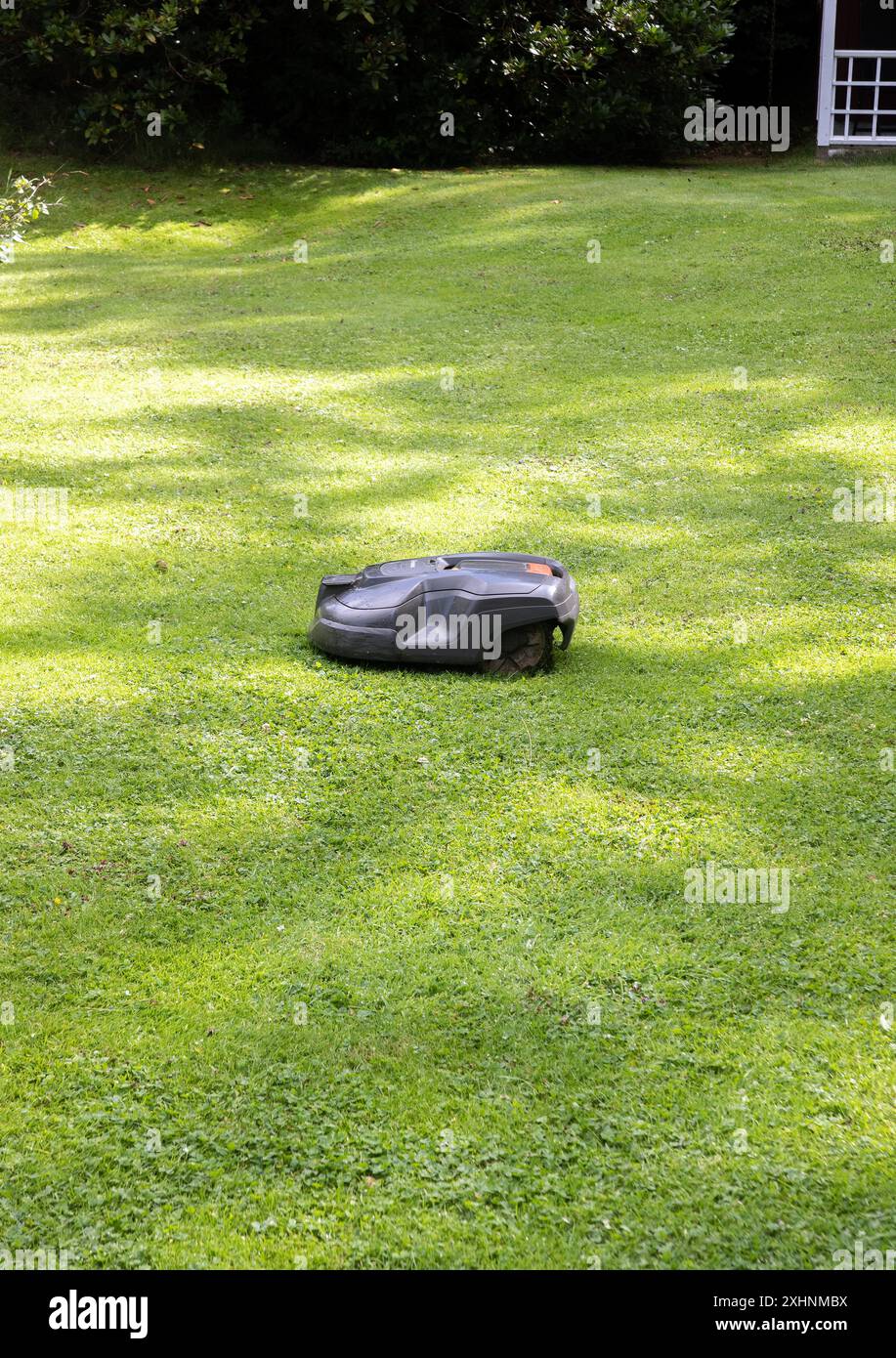 Un rasaerba robotizzato taglia l'erba su un terreno residenziale a Skåne, Svezia Foto Stock