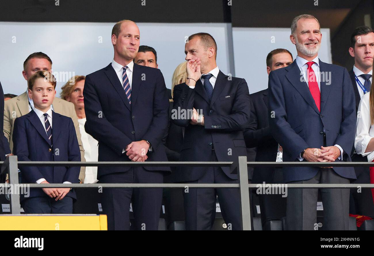 Berlino, Germania. 14 luglio 2024. Firo: 14.07.2024, calcio: UEFA EURO 2024, EM, Campionato europeo 2024, finale, 1/4 final, M51, match 51, ESP, Spagna - Ing, Inghilterra (LR) George Alexander Louis Principe di Cambridge e Principe di Galles William e Aleksander Ceferin Presidente UEFA e Felipe vi Re di Spagna mezza figura sulla sparatoria Presidente UEFA Principe Konig crediti: dpa/Alamy Live News Foto Stock