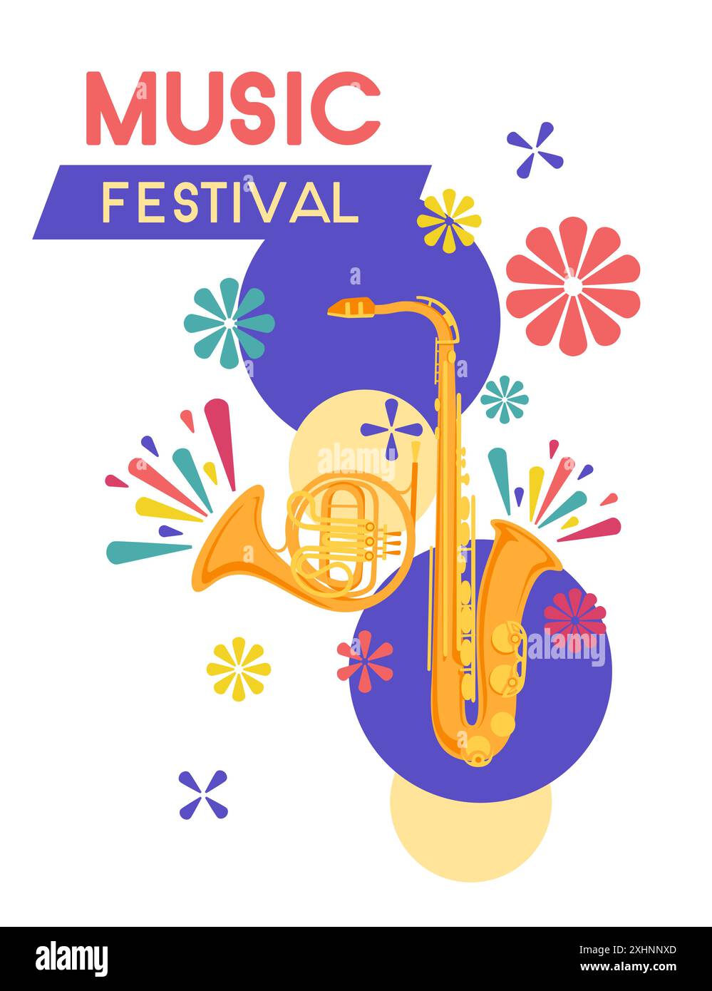 Poster per un festival musicale con un sassofono al centro, circondato da colorate forme floreali. Illustrazione vettoriale di design con motivo colorato astratto Illustrazione Vettoriale