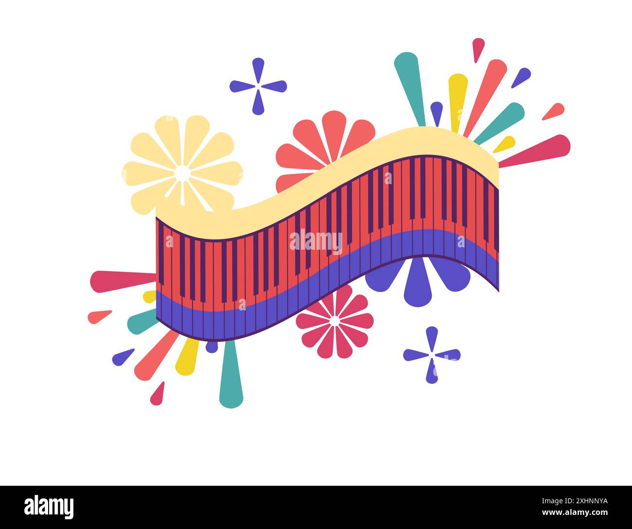 Poster per un festival musicale con un pianoforte al centro, circondato da colorate forme floreali. Illustrazione vettoriale del design con motivo colorato astratto Illustrazione Vettoriale