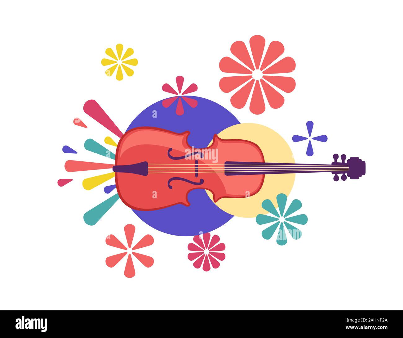 Poster per un festival musicale con un violino al centro, circondato da colorate forme floreali. Disegni vettoriali astratti con motivi colorati Illustrazione Vettoriale