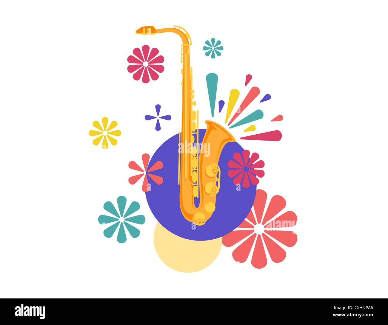 Poster per un festival musicale con un sassofono al centro, circondato da colorate forme floreali. Illustrazione vettoriale di design con motivo colorato astratto Illustrazione Vettoriale