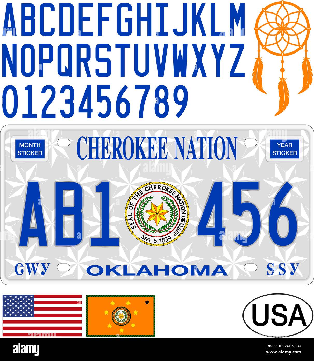 Modello della targa dell'auto Cherokee Nation Oklahoma, lettere, numeri e simboli, illustrazione vettoriale, Stati Uniti Illustrazione Vettoriale