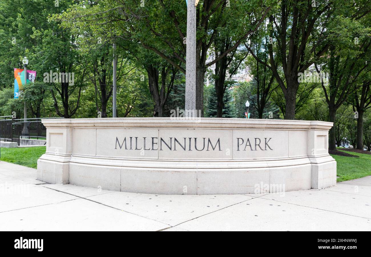 Cartello Millennium Park a Chicago, Illinois USA Foto Stock