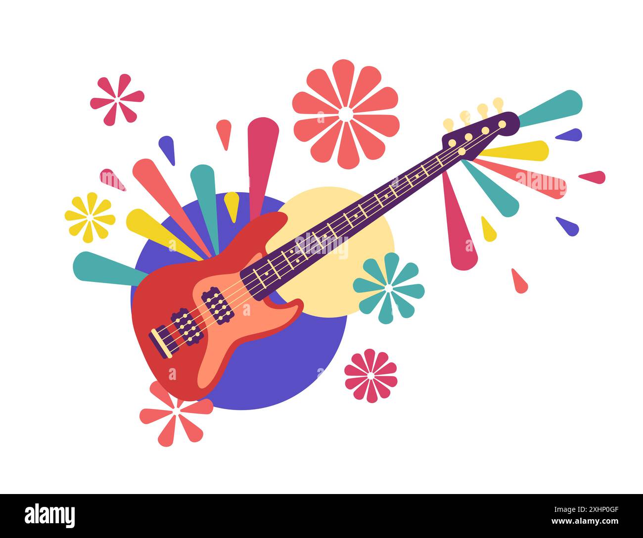 Poster per un festival musicale con una chitarra elettrica al centro, circondato da colorate forme floreali. Design astratto a colori con disegno vettoriale Illustrazione Vettoriale
