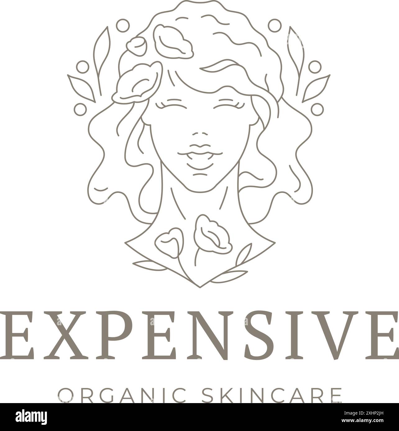 Splendido busto da donna antica con foglie di fiori, modello di disegno del logo, illustrazione vettoriale. Elegante ritratto botanico femminile che delinea lo stile minimalista Illustrazione Vettoriale