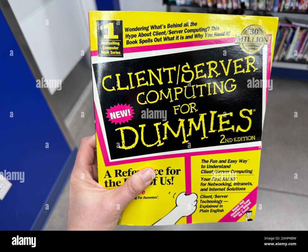 Chandler, Arizona - 5 marzo 2024: Manuale Hand Holds Up a retro Client Server Computing for Dummies Foto Stock