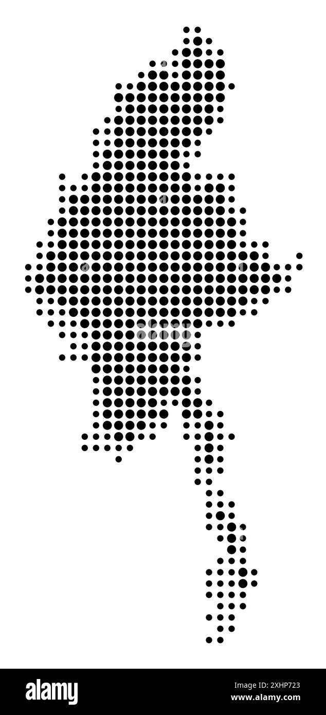 Mappa astratta del Myanmar che mostra l'area del paese con un modello di cerchi neri Illustrazione Vettoriale