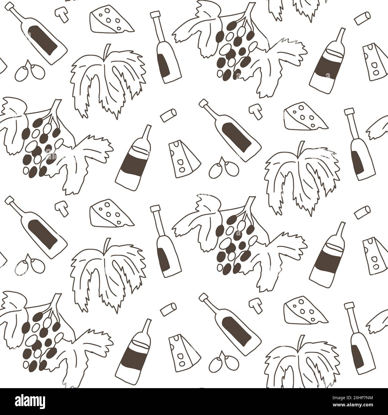 Vino senza cuciture. Bottiglie di bevande alcoliche, formaggio e uva sfondo senza fine. Bevande ornamento continuo. Illustrazione vettoriale disegnata a mano. Illustrazione Vettoriale