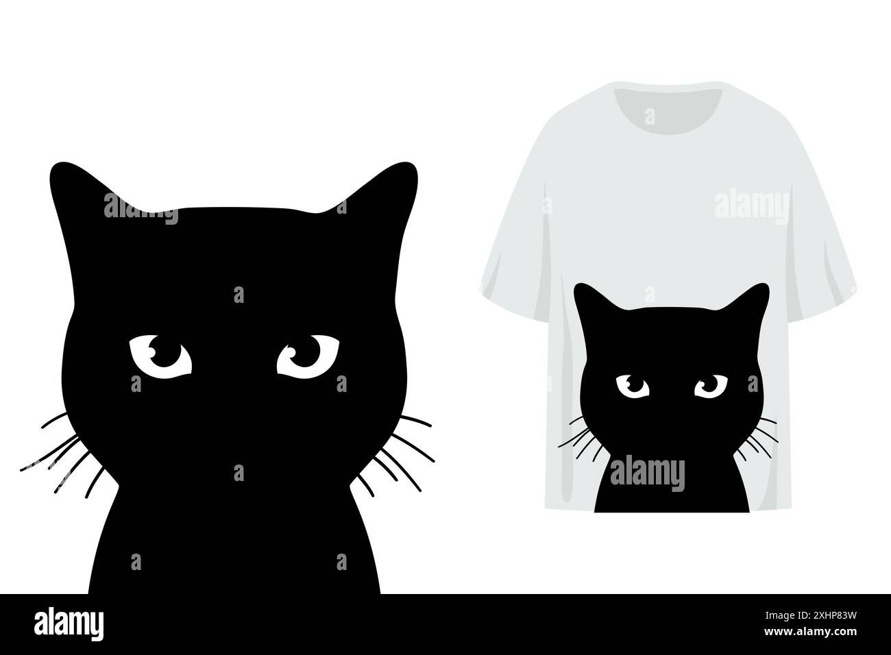 Stampa T-shirt con silhouette di gatto con occhi e baffi. Gatto monocromatico che guarda la fotocamera. Illustrazione vettoriale Illustrazione Vettoriale