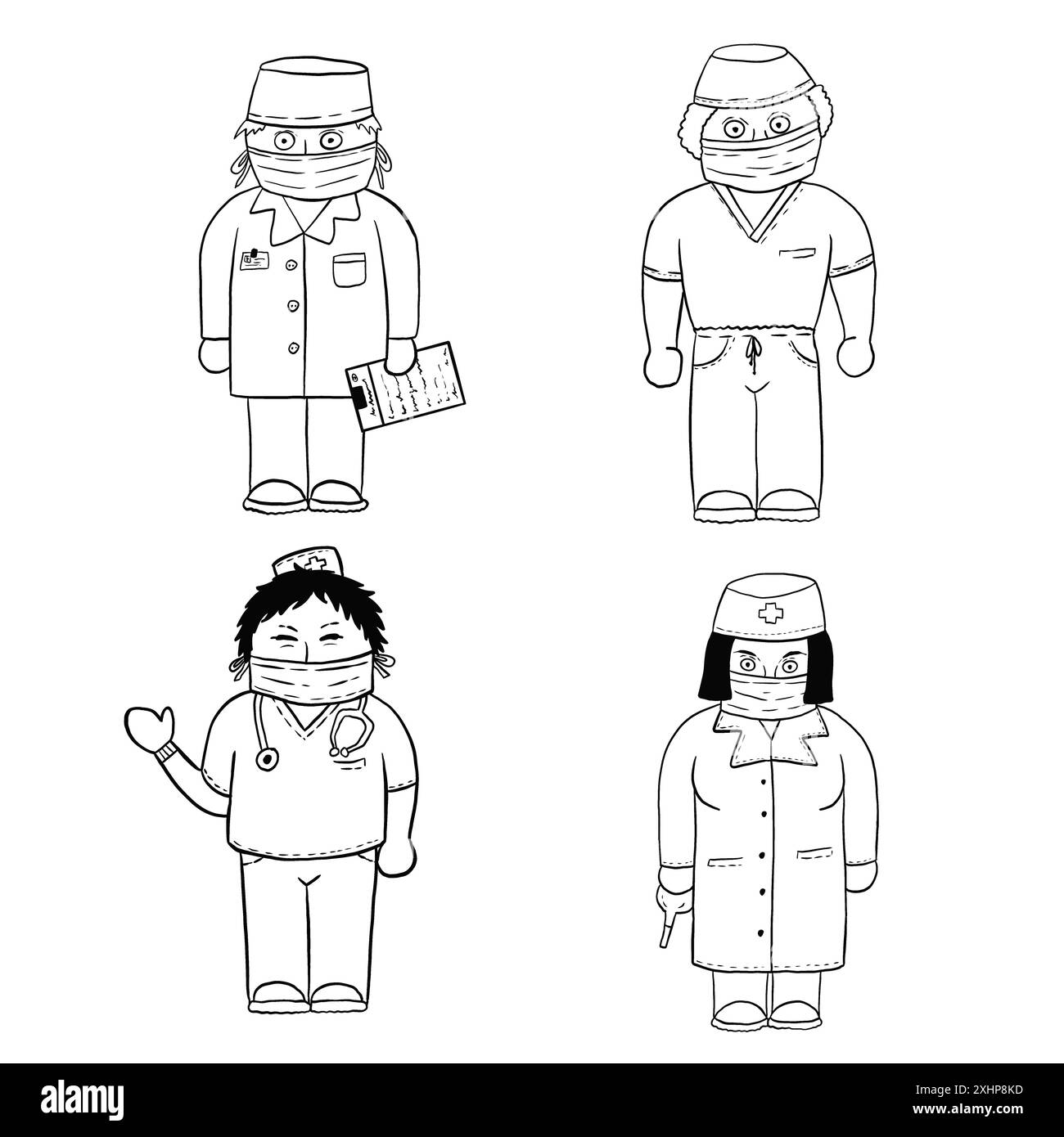 Quattro medici disegnati a mano. Colorazione. Line art, arte digitale. Foto Stock