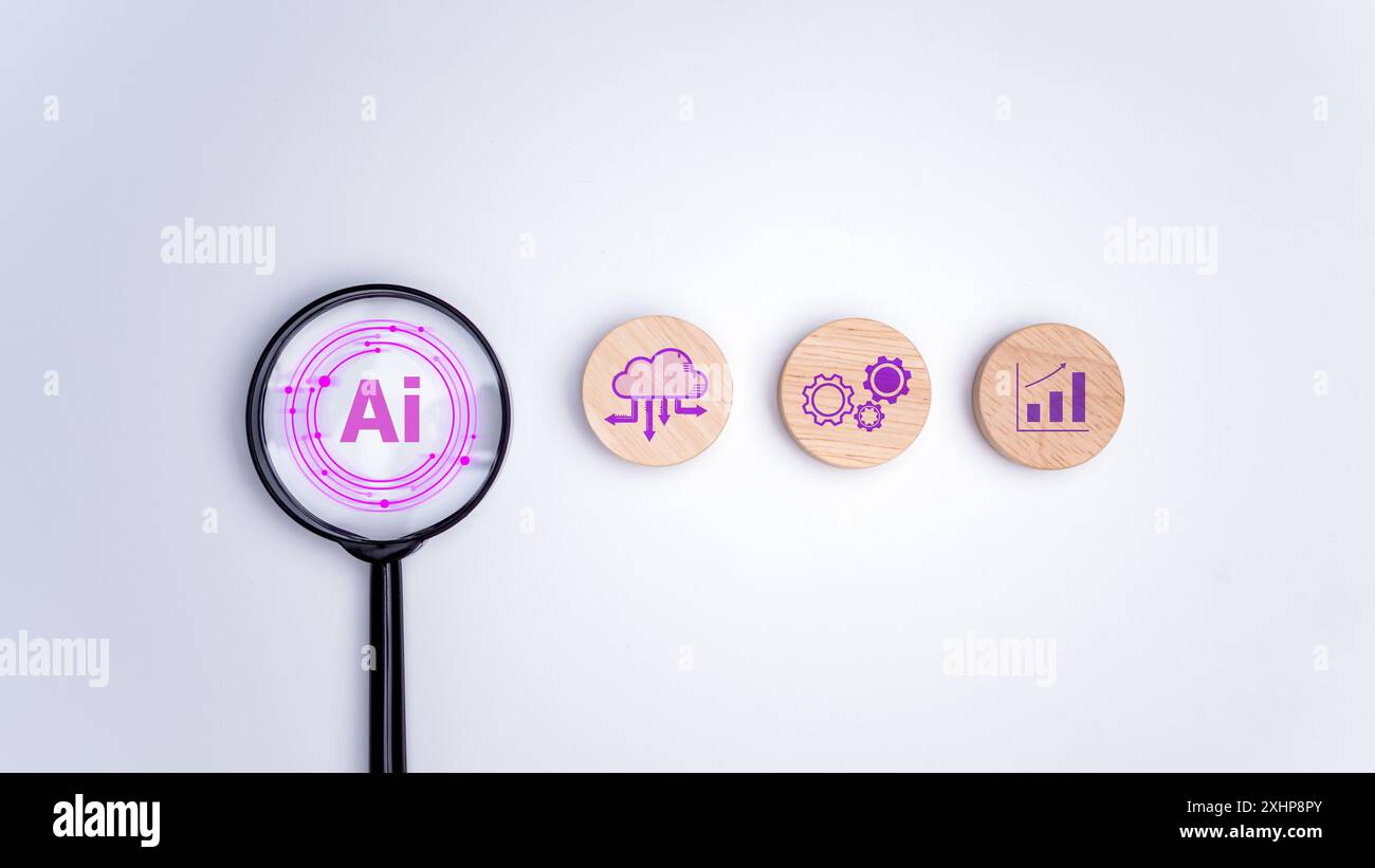 Il concetto di ricerca di informazioni in tecnologia con i sistemi di intelligenza artificiale, Magnifying Glass Focus ai tecnologia di intelligenza artificiale per l'intelligenza artificiale tecnologica Foto Stock