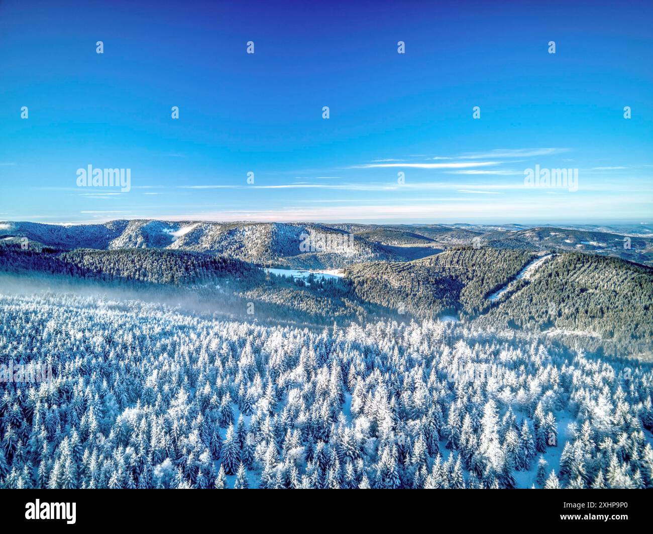 Francia, Vosgi, Parco Naturale Regionale dei Ballons des Vosges, Plainfaing, il massiccio dei Vosgi sotto la neve (vista aerea) Foto Stock