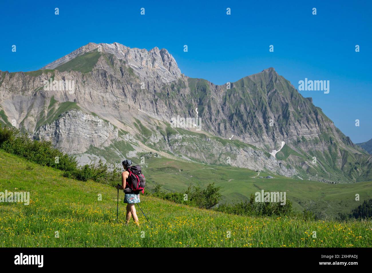 Francia, alta Savoia, massiccio di Aravis, Saint Nicolas de Veroce, escursione a le Treu (1835m), escursionista sulla cresta erbosa sotto la cima e Etale (2483m) Foto Stock