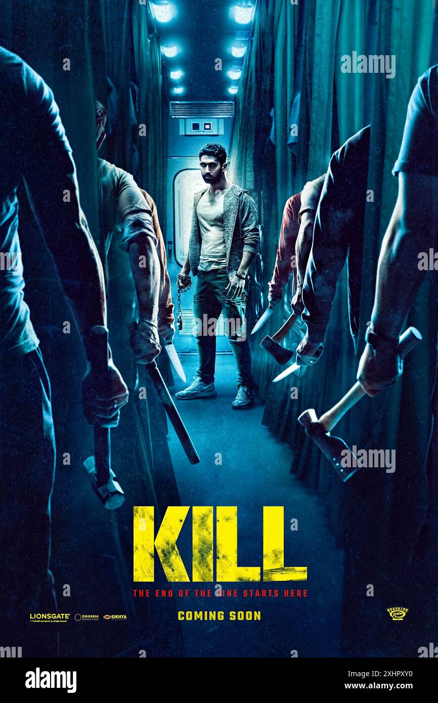 Kill (2023) diretto da Nikhil Nagesh Bhat e interpretato da Lakshya, Raghav Juyal e Tanya Maniktala. Un commando dell'esercito che sale su un treno per salvare il suo vero amore dall'anm ha combinato il matrimonio solo per essere colto in un attacco ferroviario da parte di una banda spietata. Poster US Advance ***SOLO PER USO EDITORIALE***. Credito: BFA / attrazioni stradali Foto Stock