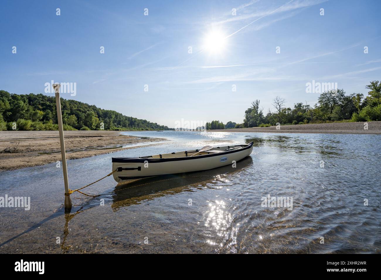 Francia, Indre-et-Loire, canoa canadese senza persona con o senza pagaia, su una spiaggia o sulla Loira Foto Stock