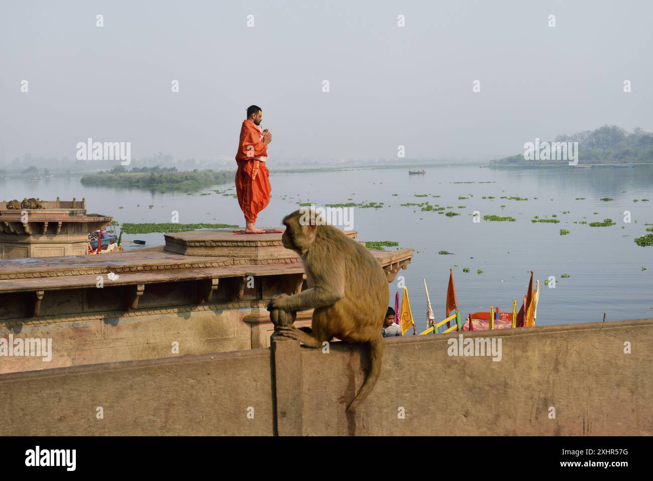 India, Uttar Pradesh, Mathura, Puja di prima mattina (preghiera) sulle rive dello Yamuna Foto Stock