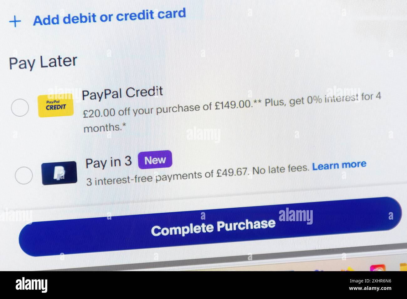 Sito Web PayPal con le opzioni Acquista ora paga più tardi Foto Stock