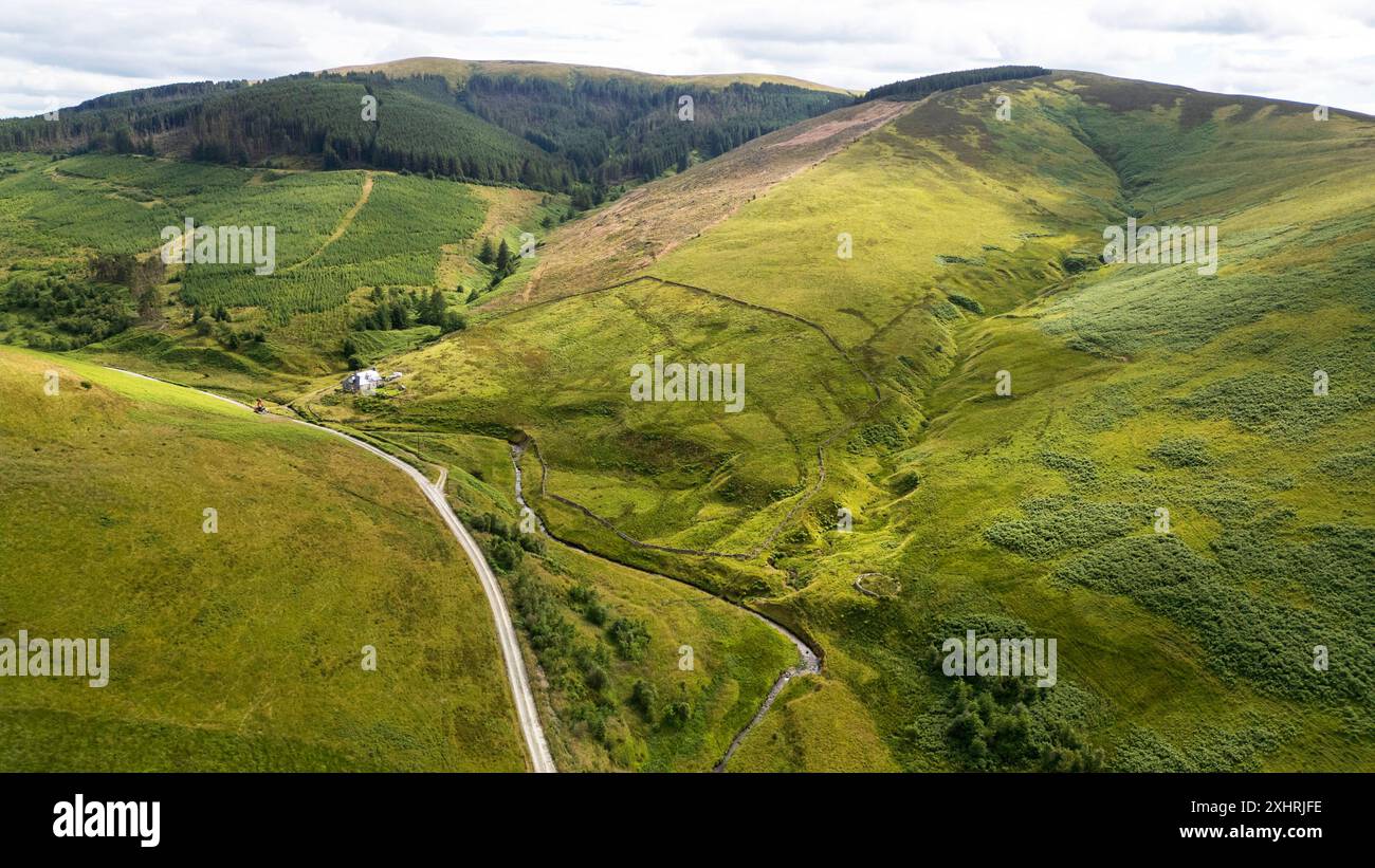 Vista aerea del cottage Shiel e della foresta dei sacerdoti sulle pendici di Cauldcleuch Head, Southern Uplands, Scottish Borders, Regno Unito. Foto Stock