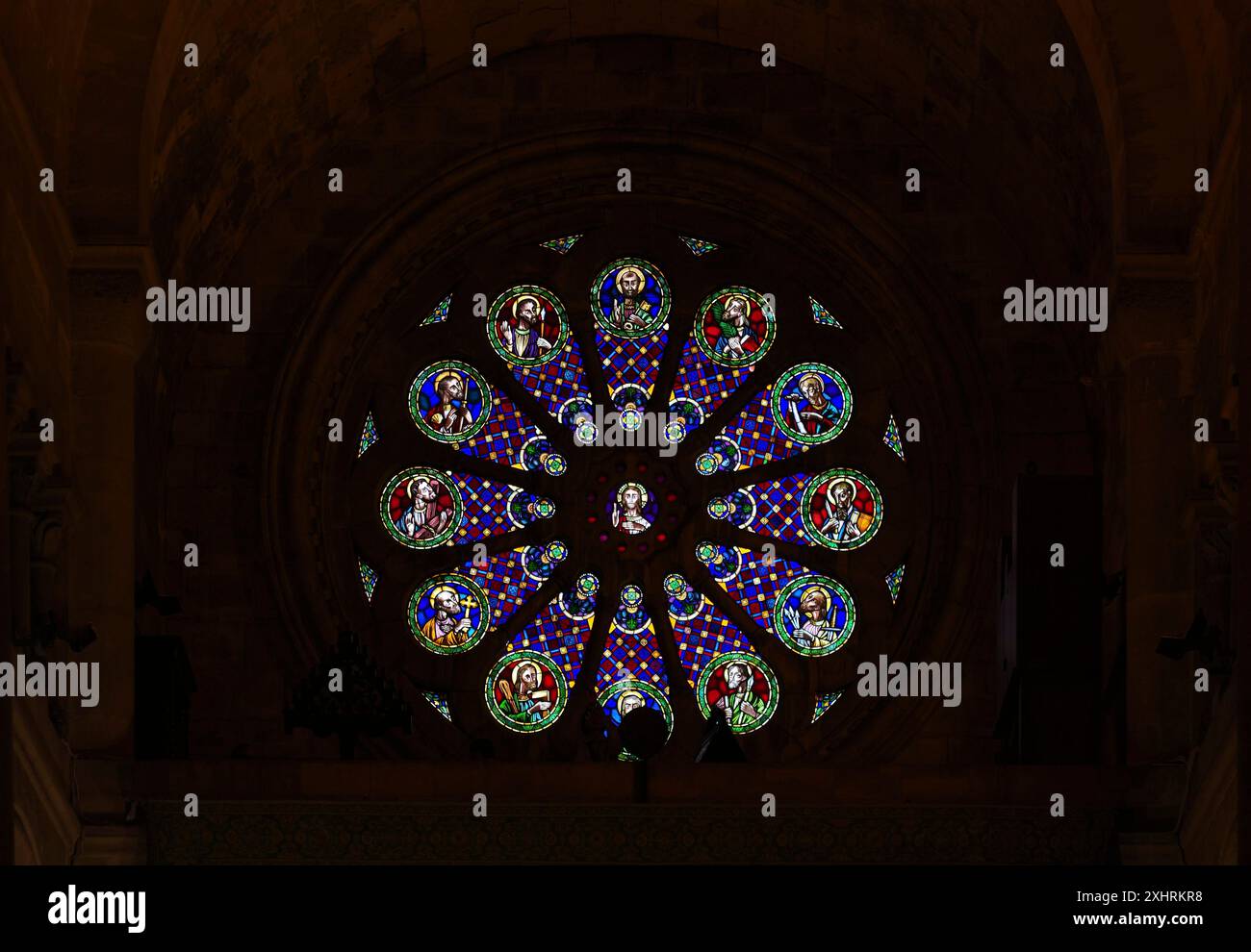 Vista interna, rosone, rosone, cattedrale di Lisbona, se Patriarcal de Lisboa o Igreja de Santa Maria Maior, Lisbona, Portogallo Foto Stock