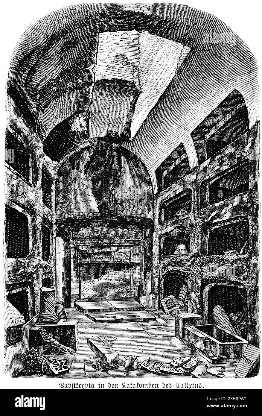 Cripta papale nelle catacombe di Calisto Teodoto, chiesa inferiore, cristiana, volta sotterranea per tombe di santi, reliquiari, altari, storici Foto Stock