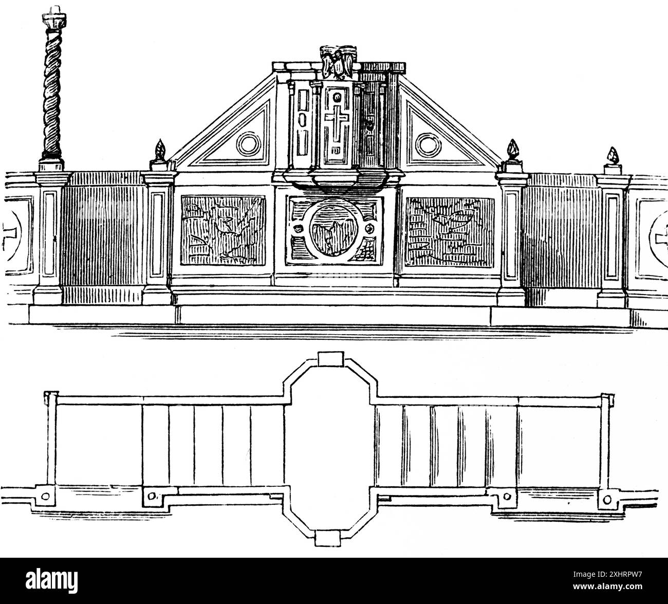 Ambo paleocristiano, architettura paleocristiana, galleria sopra la navata, costruzione in legno, croce, interno della chiesa, illustrazione storica 1880 Foto Stock