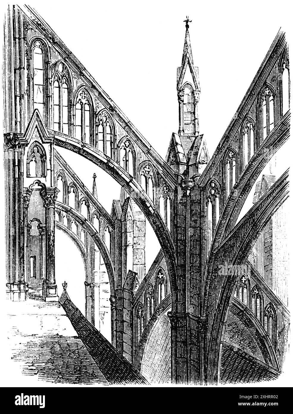 Grandi contrafforti della cattedrale gotica di Amiens, Notre Dame d'Amiens, Francia, illustrazione storica 1880 Foto Stock