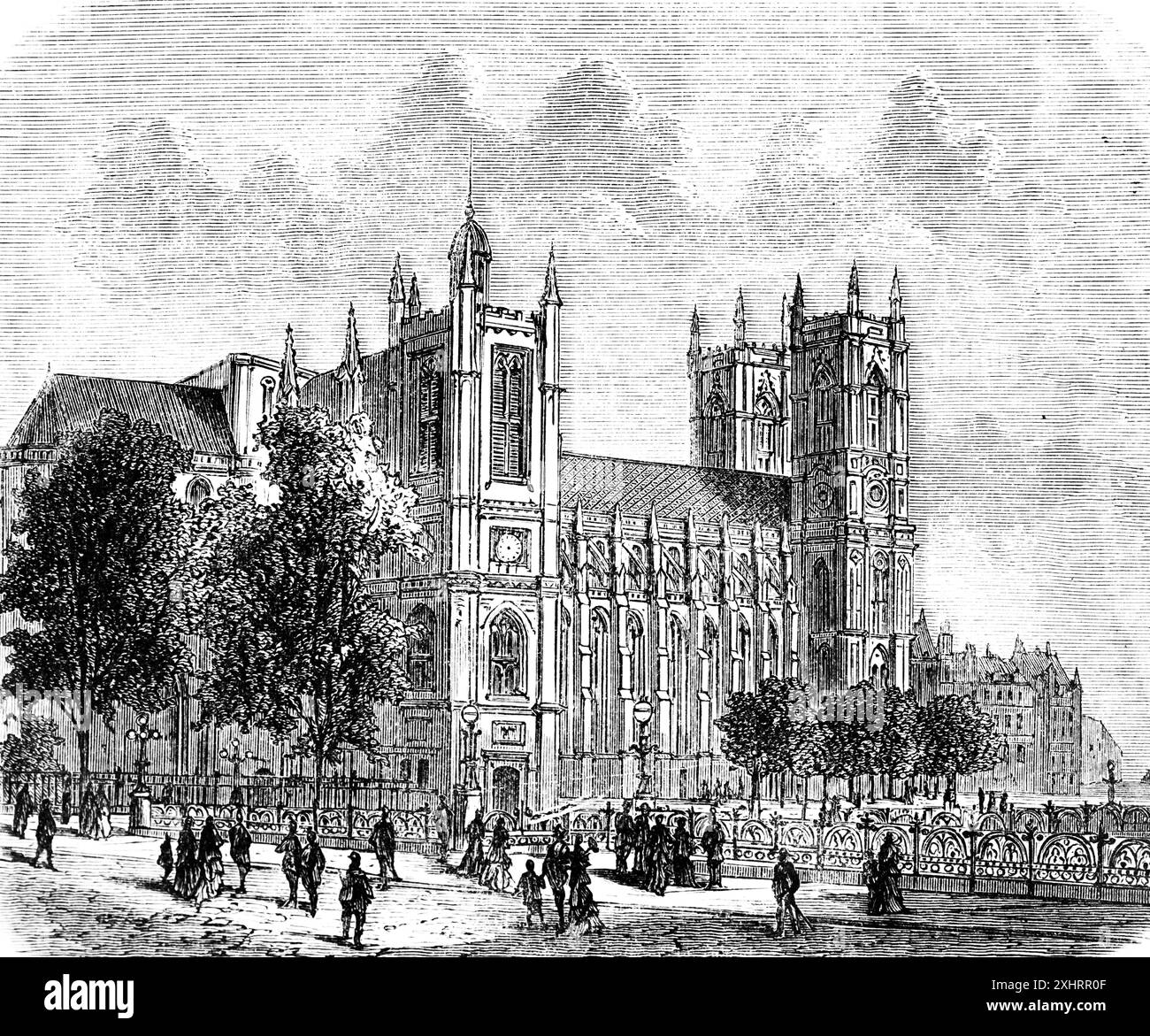 Abbazia di Westminster, abbazia di Londra, Collegiata Church of St Peter, Westminster, molte persone, alberi, vista laterale, doppia torre, Inghilterra, storica Foto Stock