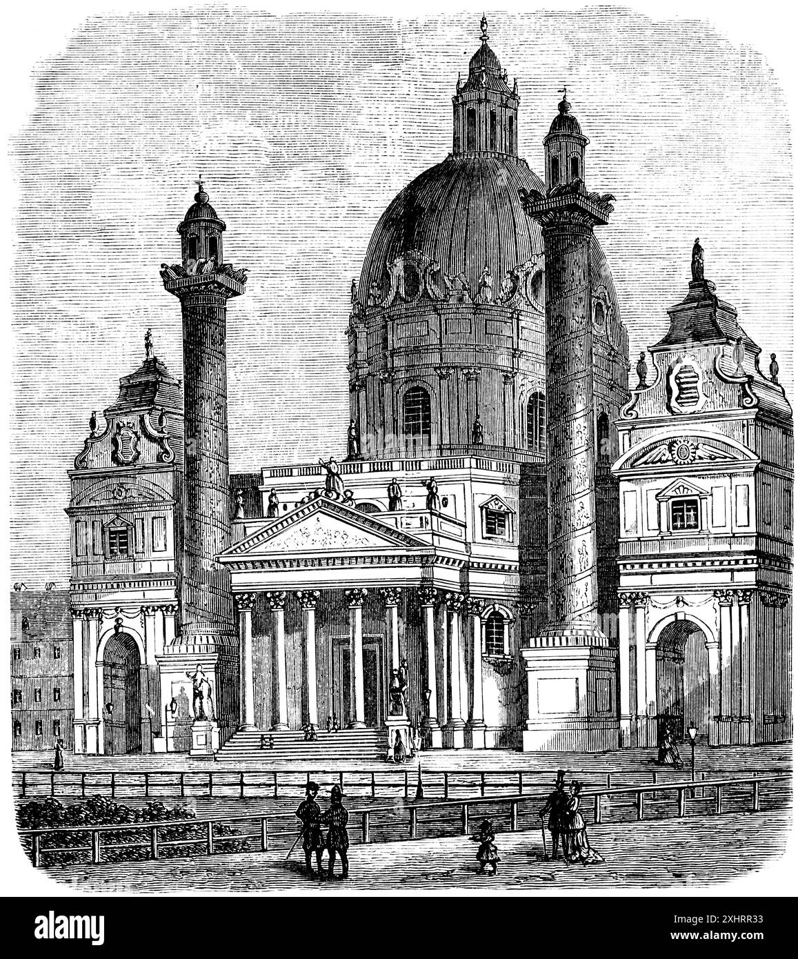 Karlskirche a Vienna, edificio barocco, XVIII secolo, protezione dei monumenti, edificio a cupola, due colonne, Karlsplatz, gente, statue, ornamenti Foto Stock
