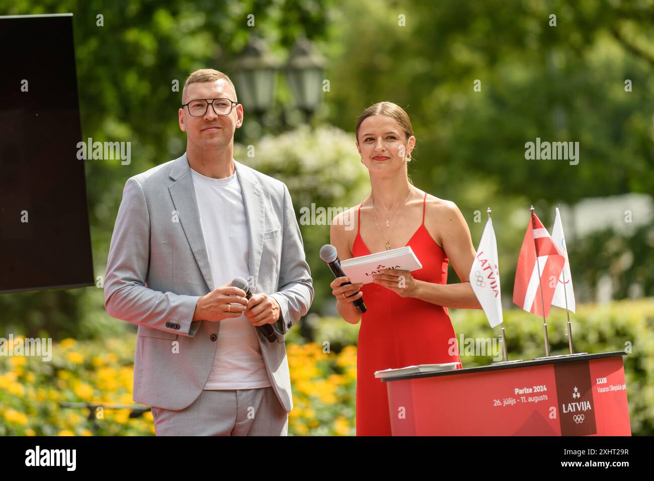 RIGA, Lettonia. 15 luglio 2024. La presentazione del "Team Latvia" e l'annuncio dei portabandiera dei XXXIII Giochi olimpici estivi. Crediti: Gints Ivuskans/Alamy Live News Foto Stock