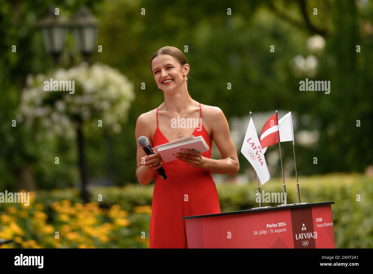 RIGA, Lettonia. 15 luglio 2024. La presentazione del "Team Latvia" e l'annuncio dei portabandiera dei XXXIII Giochi olimpici estivi. Crediti: Gints Ivuskans/Alamy Live News Foto Stock