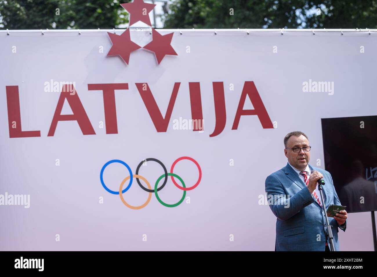 RIGA, Lettonia. 15 luglio 2024. La presentazione del "Team Latvia" e l'annuncio dei portabandiera dei XXXIII Giochi olimpici estivi. Crediti: Gints Ivuskans/Alamy Live News Foto Stock