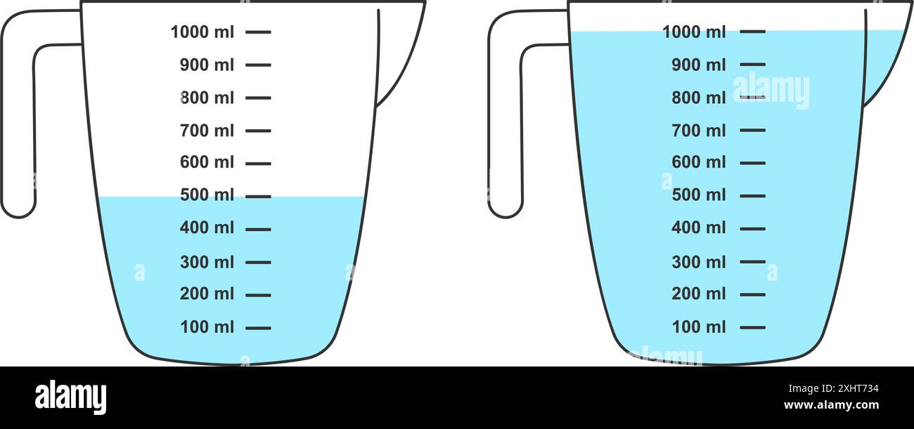 Misurini pieni a metà e riempiti d'acqua con un volume di 1 litro. Contenitori liquidi per cottura con scala di capacità liquida isolata su sfondo bianco. Illustrazione piatta vettoriale. Illustrazione Vettoriale