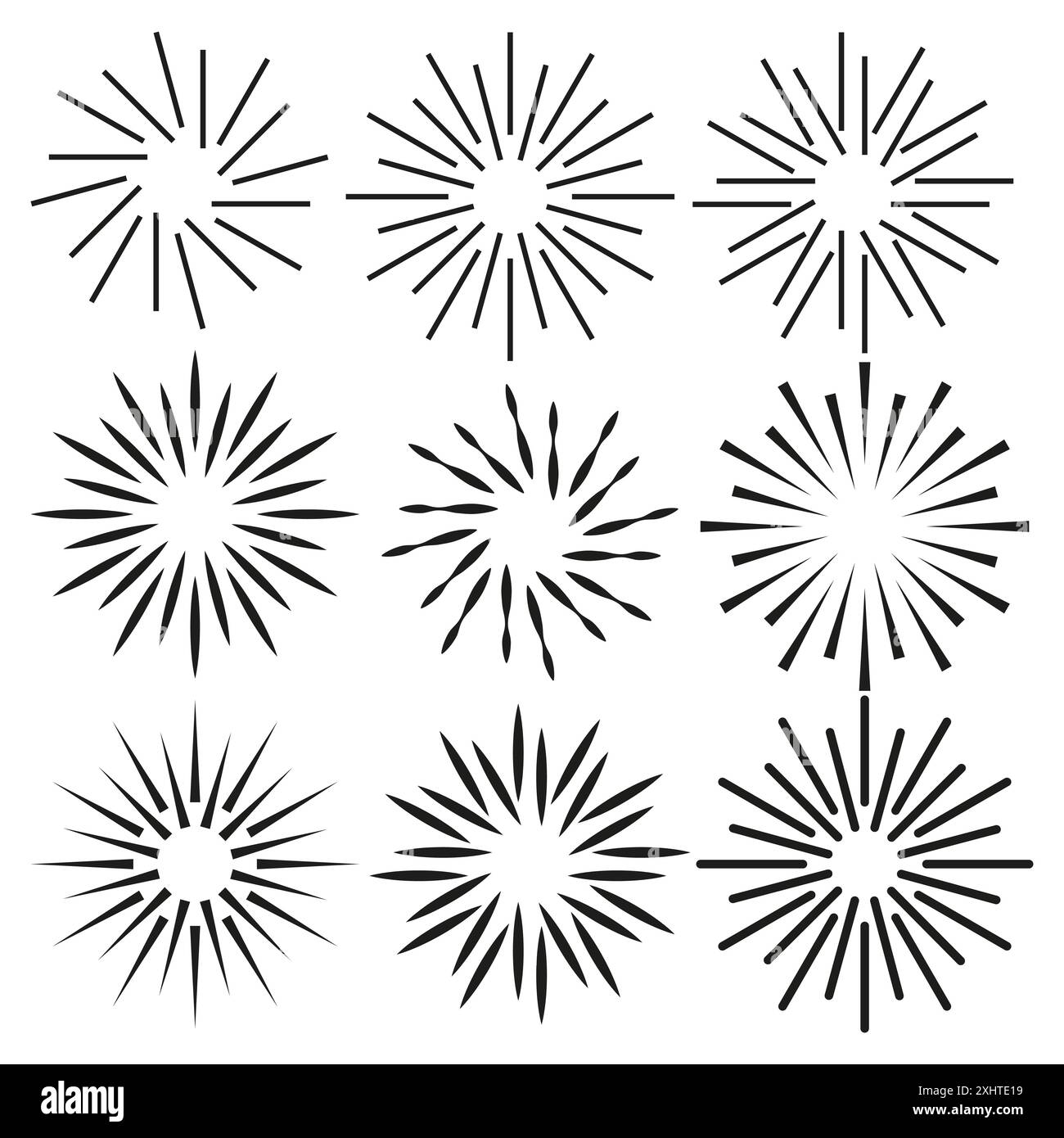 Set di icone Starburst. Motivi radiali neri. Illustrazione vettoriale. Illustrazione Vettoriale