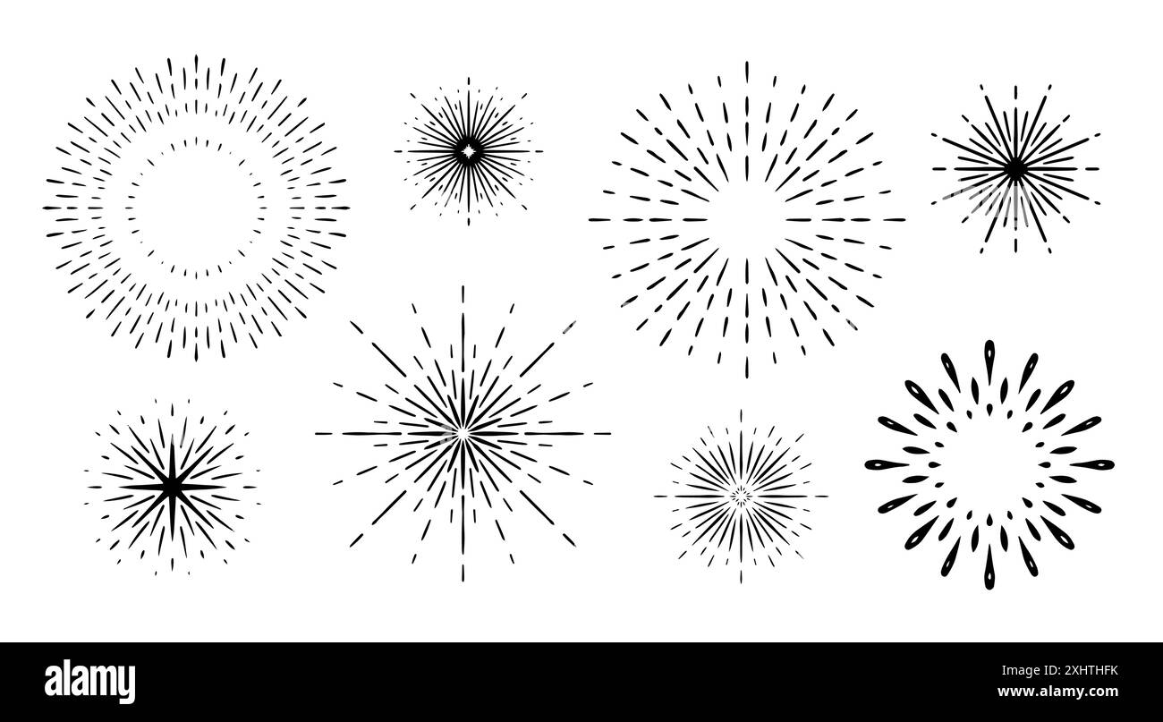 Set di elementi di design Sunburst. Raggi di sole disegnati a mano. Cornici vintage per badge, loghi ed etichette. Illustrazione vettoriale. Illustrazione Vettoriale