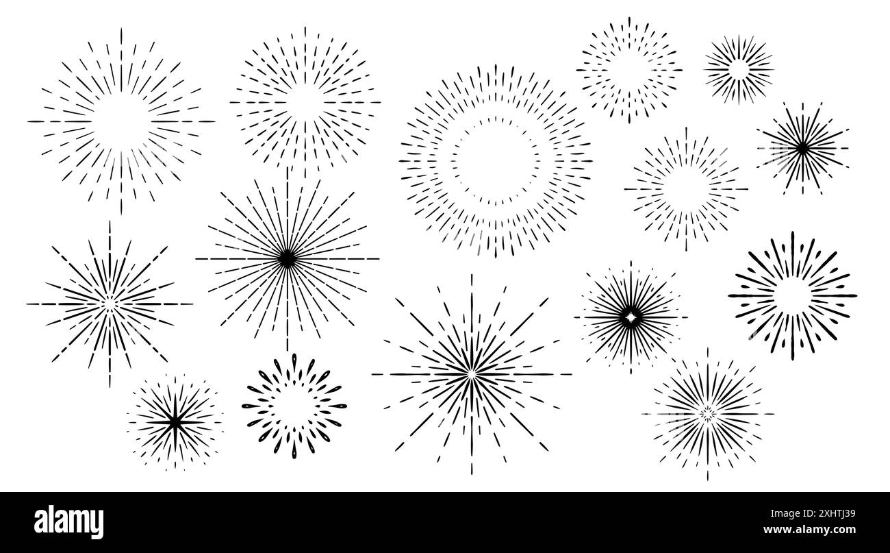 Set di elementi di design Sunburst. Raggi di sole disegnati a mano. Cornici vintage per badge, loghi ed etichette. Illustrazione vettoriale. Illustrazione Vettoriale