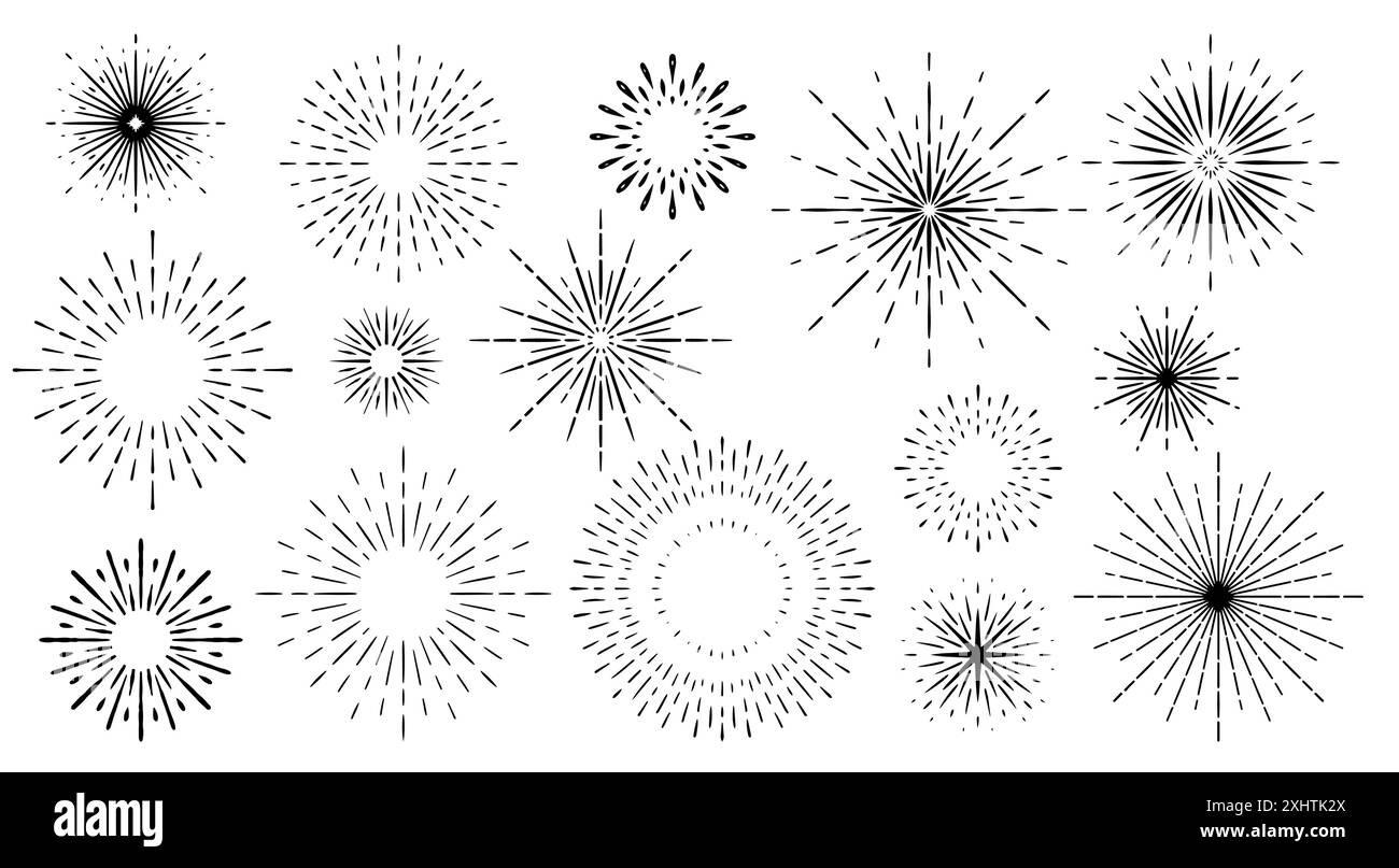 Set di elementi di design Sunburst. Raggi di sole disegnati a mano. Cornici vintage per badge, loghi ed etichette. Illustrazione vettoriale. Illustrazione Vettoriale