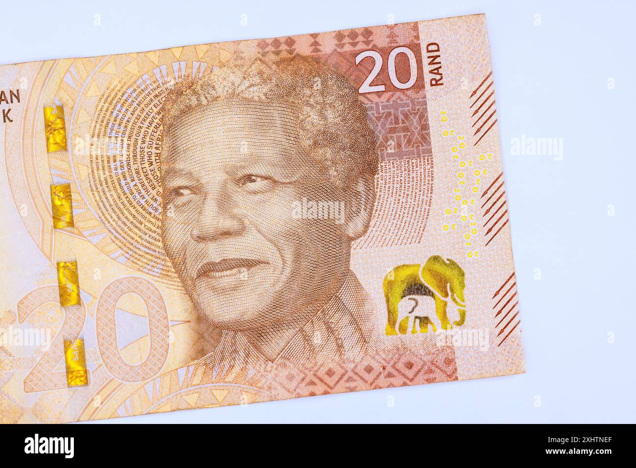 Il ritratto di Nelson Rolihlahla Mandela proviene dal Sudafrica ci sono 20 banconote Rand emesse dalla National Bank of South Africa. vista frontale Foto Stock