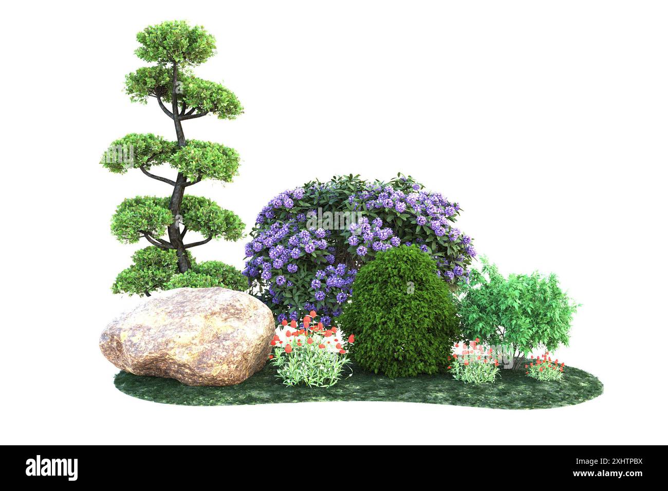Area di erba verde con arbusti rossi in fiore, rocce e fiori bianchi; ideale per disegni a tema naturale, articoli da giardinaggio o progetti correlati all'esterno Foto Stock