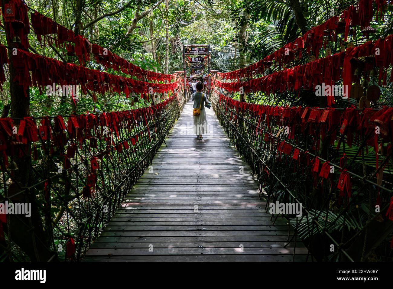 Una vivace esposizione di targhe in legno con nastri rossi, ciascuna con iscrizioni sul ponte sospeso. Segni con desideri in cinese. Isola di Hainan, Foto Stock