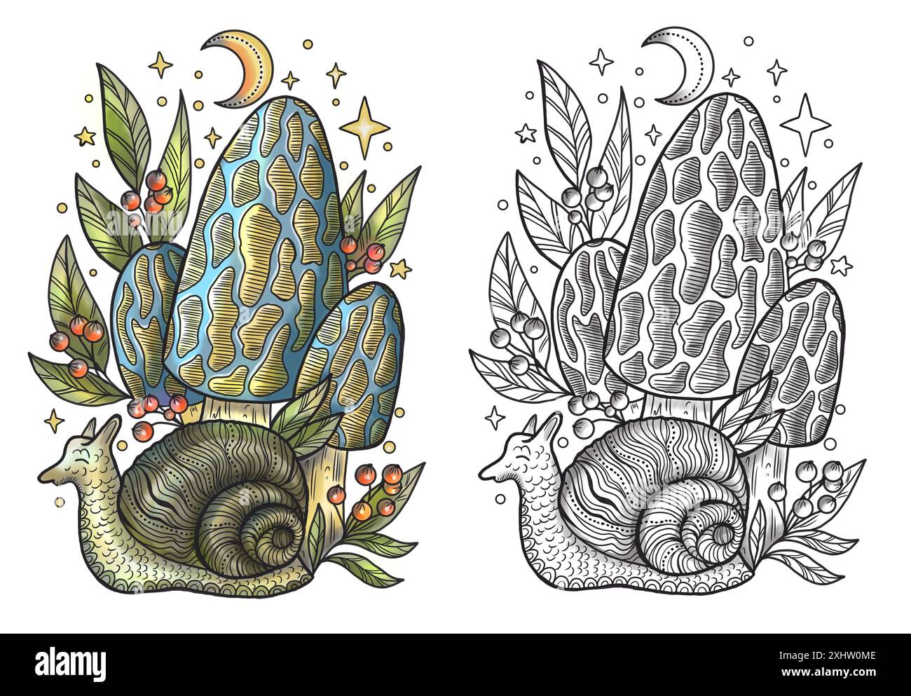 Funghi mistici celesti con elementi decorativi magici e floreali, lumaca, simboli di stregoneria isolati sul bianco. Oggetti esoterici e spiritosi, Foto Stock