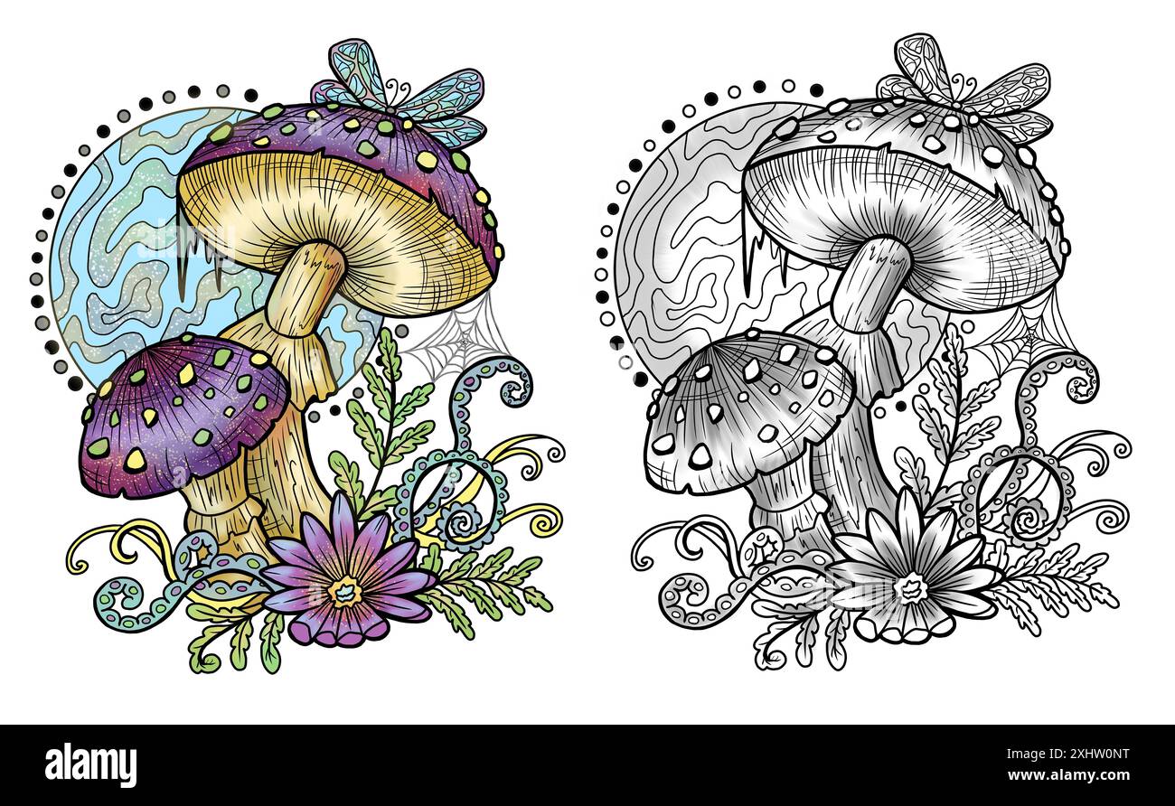 Funghi mistici celesti con elementi decorativi magici e floreali, farfalla, simboli di stregoneria isolati sul bianco. Obje esoterico e stressante Foto Stock