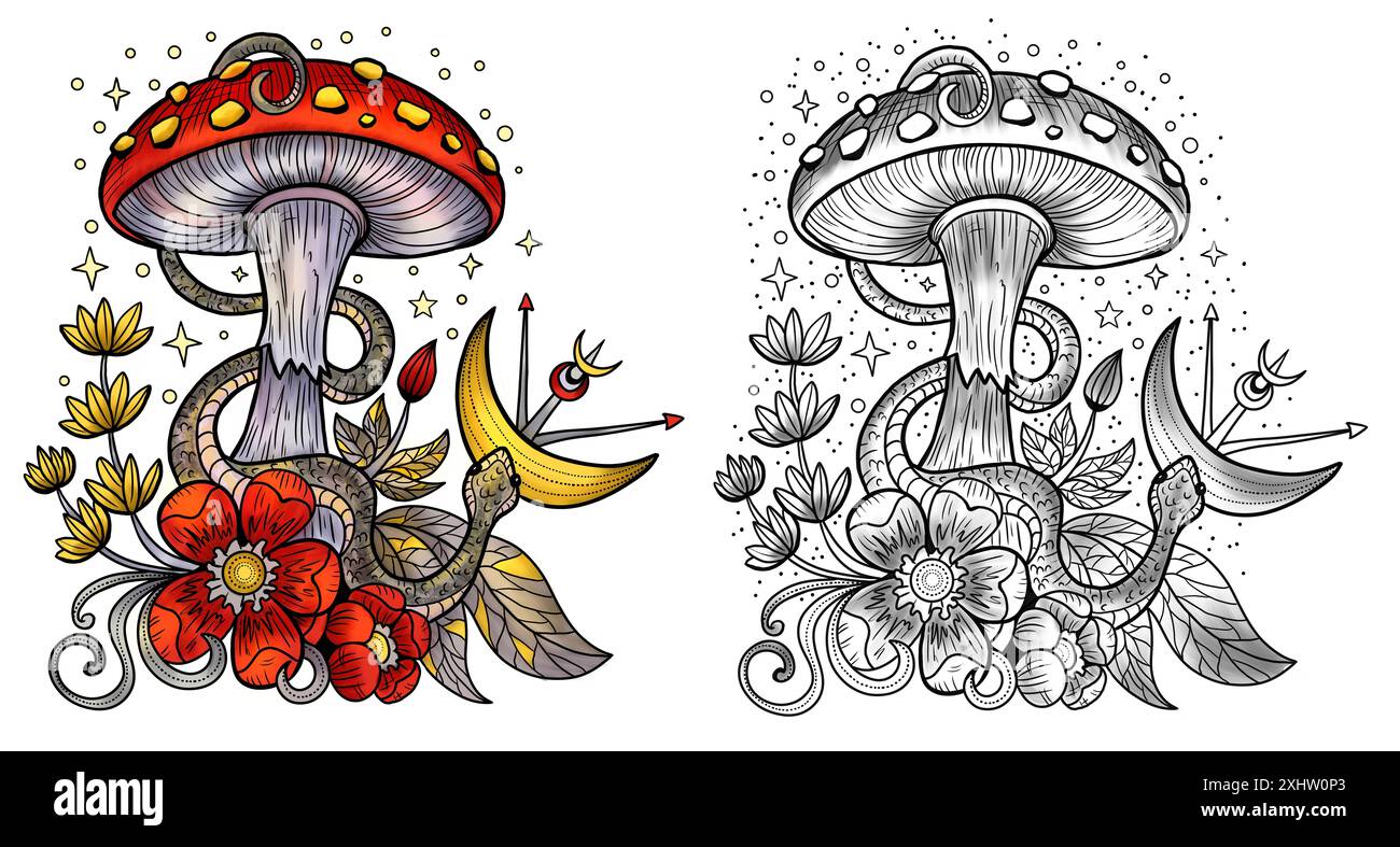 Funghi mistici celesti con elementi decorativi magici e floreali, serpenti, simboli di stregoneria isolati sul bianco. Oggetti esoterici e spiritosi, Foto Stock