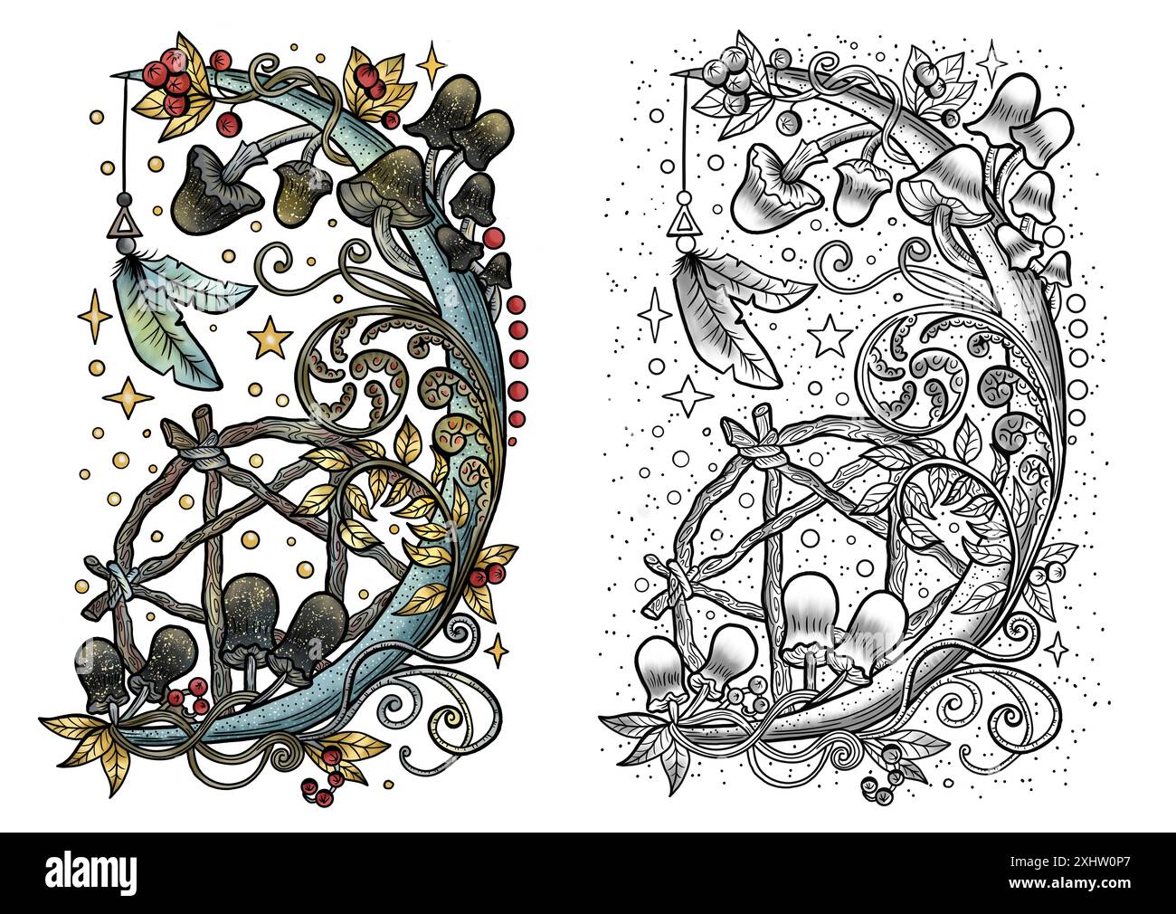 Funghi mistici celesti con elementi decorativi magici e floreali, pentagramma, simboli di stregoneria isolati sul bianco. Obje esoterico e stressante Foto Stock