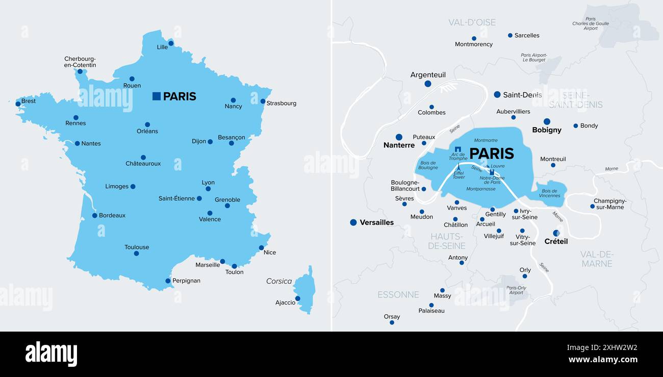Silhouette della Francia metropolitana, e Parigi, un dipartimento e la capitale, mappa politica. La Francia europea compromette la terraferma e la Corsica. Foto Stock